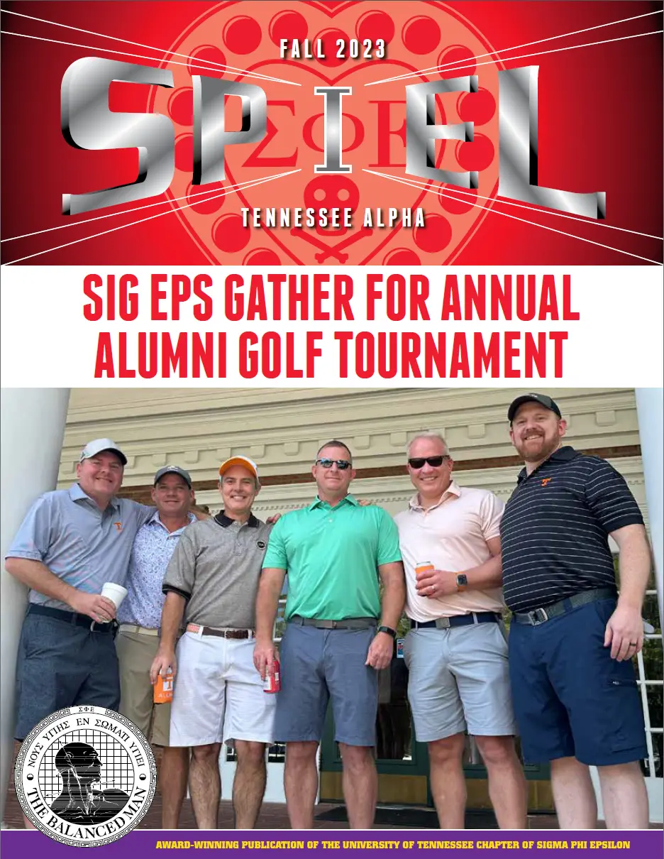Front page of Spiel. 6 Alumni pictured